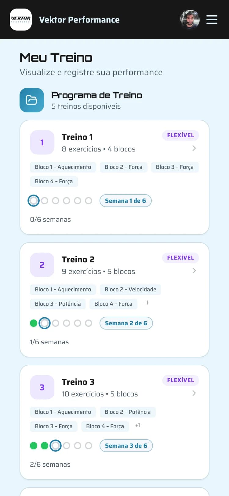 App Vektor Performance mostrando un programa de entrenamiento y la progresión semanal