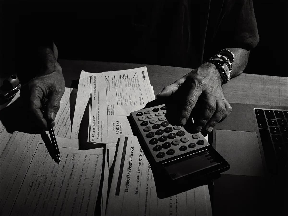 Dono de academia fazendo contas na calculadora sobre boletos