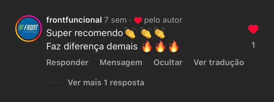 Comentário no Instagram de @frontfuncional: "Super recomendo 👏👏👏 Faz diferença demais 🔥🔥🔥"