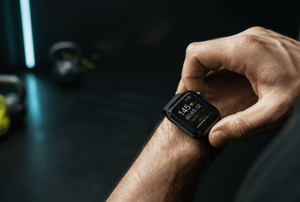 Atleta ajustando un smartwatch conectado durante el entrenamiento
